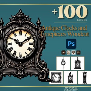 Antika klockor och armbandsur, träsnitt, Photoshop-penslar och Procreate-stämplar – 100+ Halloween-skräck-tatueringar, clipart, linjekonst och schabloner