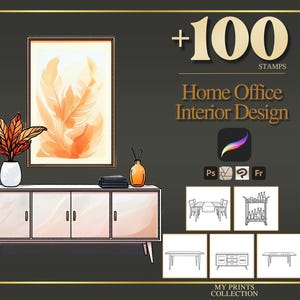 Könnte beinhalten: Eine digitale Sammlung von +100 Home Office Interior Design Stempeln mit einem Sideboard, einem gerahmten Federdruck, einer Topfpflanze und einer Vase. Enthält Symbole für Procreate, Photoshop und andere Software sowie Strichzeichnungen von Möbeln.