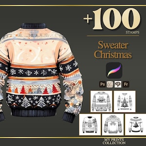 Sellos y pinceles de Photoshop para Procreate con diseño de suéter navideño: más de 100 diseños para tatuajes, dibujos, arte digital, imágenes prediseñadas, arte lineal y pinceles.