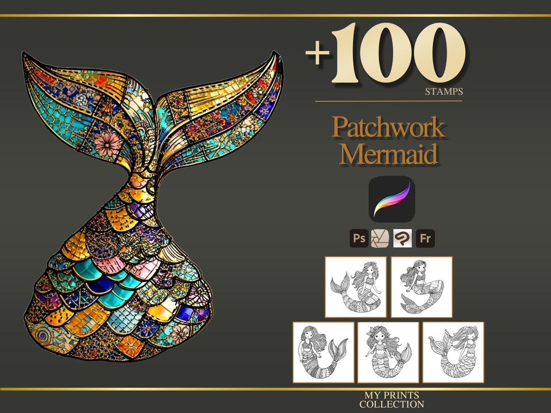 Mermaid Patchwork Procreate Stamps & Photoshop Brushes – 100+ Fashion ...
