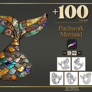 Pode incluir: Ilustração colorida de uma cauda de sereia em patchwork com vários padrões e cores. A imagem inclui o texto "+100 STAMPS" e "Patchwork Mermaid".