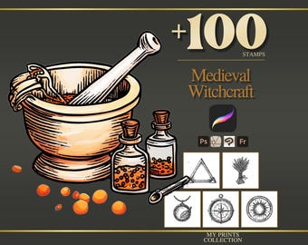 Witchcraft Medieval Procreate Stamps & Photoshop Brushes – 100+ Woodcut Tattoo, Digital Art, Clipart, Line Art, Brush Pack