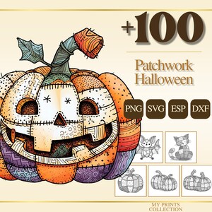 Könnte beinhalten: Illustration eines bunten Patchwork-Kürbisses mit geschnitztem Gesicht, Stiel und Blatt. Das Bild enthält den Text "+100 Patchwork Halloween" und Symbole für die Dateiformate PNG, SVG, ESP und DXF sowie kleine Illustrationen.