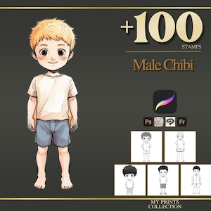 Male Chibi Maker Procreate Stamps & Photoshop Brushes – 100+ Anime Manga Poses Tattoo, Illustration, Line Art, Stencil, Brush Pack
