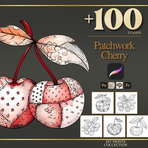 Könnte beinhalten: Illustration von zwei Kirschen mit Patchwork-Design in Rot und Rosa, mit roten Stielen und Blättern. Das Bild enthält den Text "Patchwork Cherry" und "+100 STAMPS".