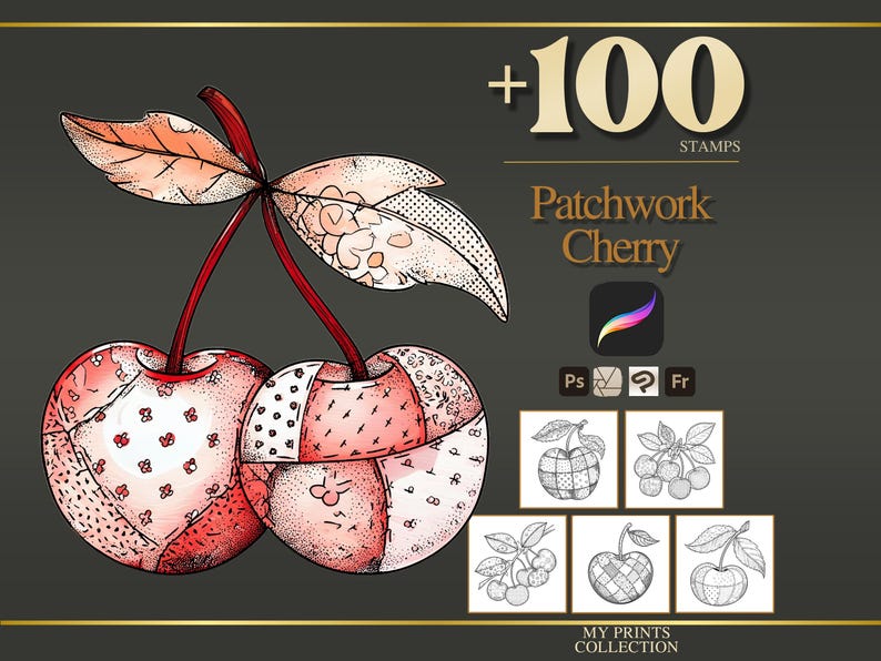Cherry Patchwork Procreate-stämplar och Photoshop-penslar – 100+ modequilttexturer, tatueringar, digital konst, clipart, linjekonst, penselpaket bild 1