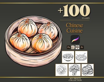 Chinese Cuisine Procreate Stamps & Photoshop Brushes – 100+ Food Beverage Coffee Tattoo, Illustration, Line Art, Stencil, Brush Pack