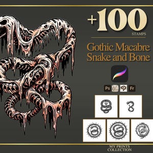 May include: A detailed illustration of a snake skeleton with dripping flesh, in white, pink, and black. The image includes the text "+100 STAMPS" and "Gothic Macabre Snake and Bone."