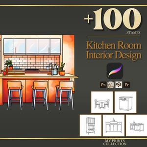 May include: A digital collection of over 100 kitchen room interior design stamps featuring a colorful illustration of a kitchen island with three stools and various line art icons of kitchen furniture, compatible with Procreate, Photoshop, and other software.