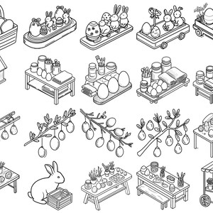 May include: Black and white line art illustration of Easter-themed items. Includes baskets of eggs, decorative bunnies, decorated eggs, birdhouses, tables with art supplies, and branches with hanging eggs. A bunny with a basket is also shown.