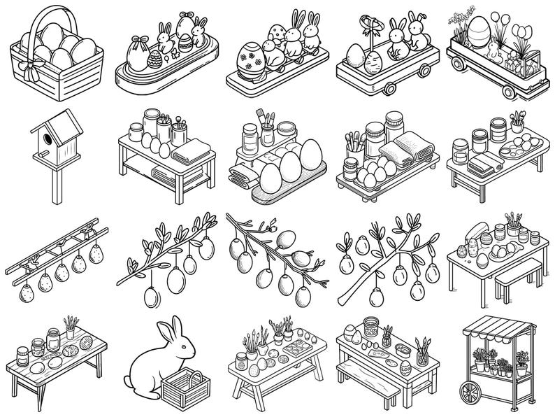 May include: Black and white line art illustration of Easter-themed items. Includes baskets of eggs, decorative bunnies, decorated eggs, birdhouses, tables with art supplies, and branches with hanging eggs. A bunny with a basket is also shown.