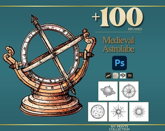 Astrolabe Medieval Photoshop Brushes & Procreate Stamps – 100+ Woodcut Tattoo, Digital Art, Clipart, Line Art, Stencil