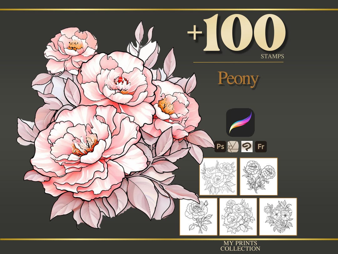 Peony Procreate Stamps & Photoshop Brushes – 100+ Flower Botanical ...
