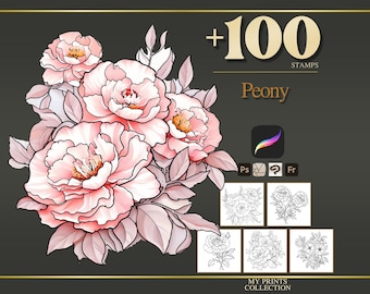 Peony Procreate Stamps & Photoshop Brushes – 100+ Flower Botanical Nature Tattoo, Illustration, Line Art, Stencil, Brush Pack