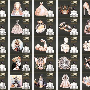 Peut inclure: Une collection d'illustrations avec divers th&egrave;mes, dont une robe, une couronne, une bague, un talon haut, une femme avec un bouquet, un halt&eacute;rophile, une f&eacute;e, une sorci&egrave;re et un magicien. Chaque image porte l'inscription "+100".