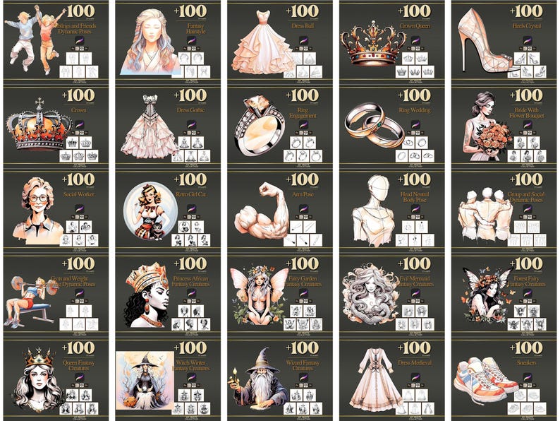 Peut inclure: Une collection d'illustrations avec divers th&egrave;mes, dont une robe, une couronne, une bague, un talon haut, une femme avec un bouquet, un halt&eacute;rophile, une f&eacute;e, une sorci&egrave;re et un magicien. Chaque image porte l'inscription "+100".