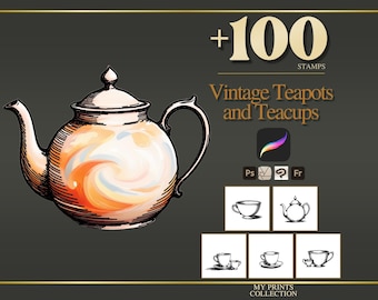 May include: A digital collection of 100 stamps featuring vintage teapots and teacups. The main graphic shows a teapot with orange and white swirling patterns. Text includes +100 STAMPS, Vintage Teapots and Teacups, and MY PRINTS COLLECTION.