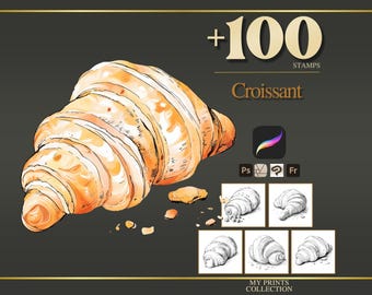 Croissant Procreate Stamps & Photoshop Brushes – 100+ Food Beverage Cuisine Coffee Tattoo, Illustration, Line Art, Stencil, Brush Pack