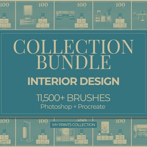 May include: A teal graphic with the words "COLLECTION BUNDLE INTERIOR DESIGN" and "11,500+ BRUSHES Photoshop + Procreate." The image has a repeating pattern of interior design elements and the number "100".