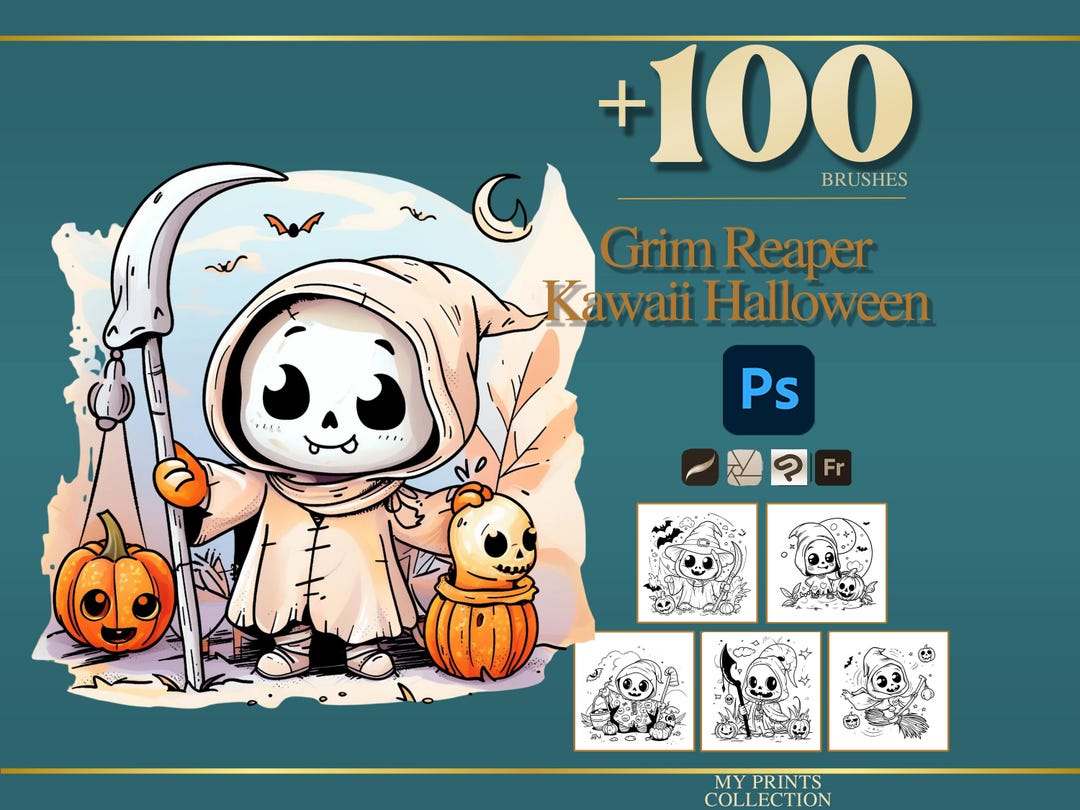 Grim Reaper Kawaii Halloween Photoshop Brushes & Procreate Stamps – 100 ...