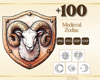 Zodiac Medieval PNG Bundle – 100+ Woodcut Cricut & Silhouette Files, SVG, DXF, Eps – Line Art, Stencil, Digital Craft