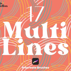 May include: A digital illustration of 17 Procreate brushes with a multi-line design. The brushes are shown on a pink background with a pattern of curved lines in orange, white, and gray.