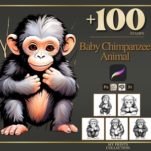 Baby Chimpanzee Procreate Stamps & Photoshop Brushes – 100+ Realistic Animal Pet Tattoo, Illustration, Line Art, Stencil, Brush Pack