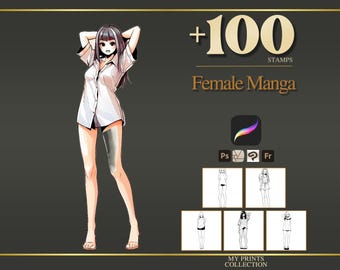 Female Manga Maker Procreate Stamps & Photoshop Brushes – 100+ Anime Cartoon Poses Tattoo, Illustration, Line Art, Stencil, Brush Pack
