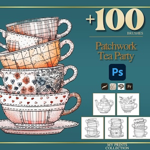 May include: A stack of six teacups with a patchwork design, in shades of pink, orange, and blue. The image includes the text "Patchwork Tea Party" and "+100 Brushes".