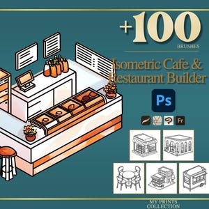 May include: Isometric illustration of a cafe and restaurant builder set. The image features a counter with stools, display cases, and bottles. The text reads "+100 Brushes" and "Isometric Cafe & Restaurant Builder".