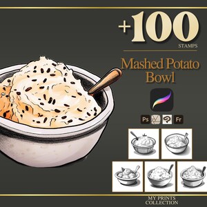 Mashed Potato Bowl Procreate Stamps & Photoshop Brushes – 100+ Food Beverage Cuisine Coffee Illustration, Line Art, Stencil, Brush Pack