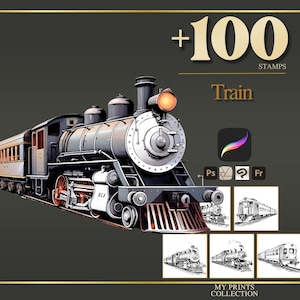 Train Procreate Stamps & Photoshop Brushes – 100+ Object Transport Tattoo, Illustration, Line Art, Stencil, Brush Pack
