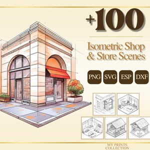 Pode incluir: Ilustração arquitetônica de uma loja com toldo vermelho e grandes janelas arqueadas. A imagem inclui o texto "+100 Isometric Shop & Store Scenes" e ícones de tipo de arquivo. Exemplos de cenas isométricas adicionais são mostrados abaixo.