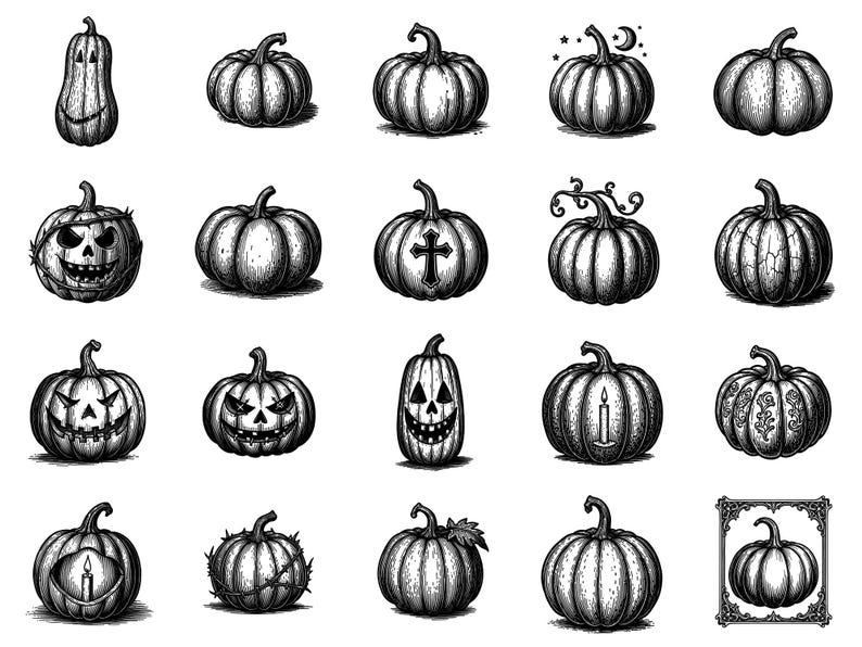 Pumpkins Woodcut Photoshop Brushes & Procreate Stamps – 100+ Halloween ...