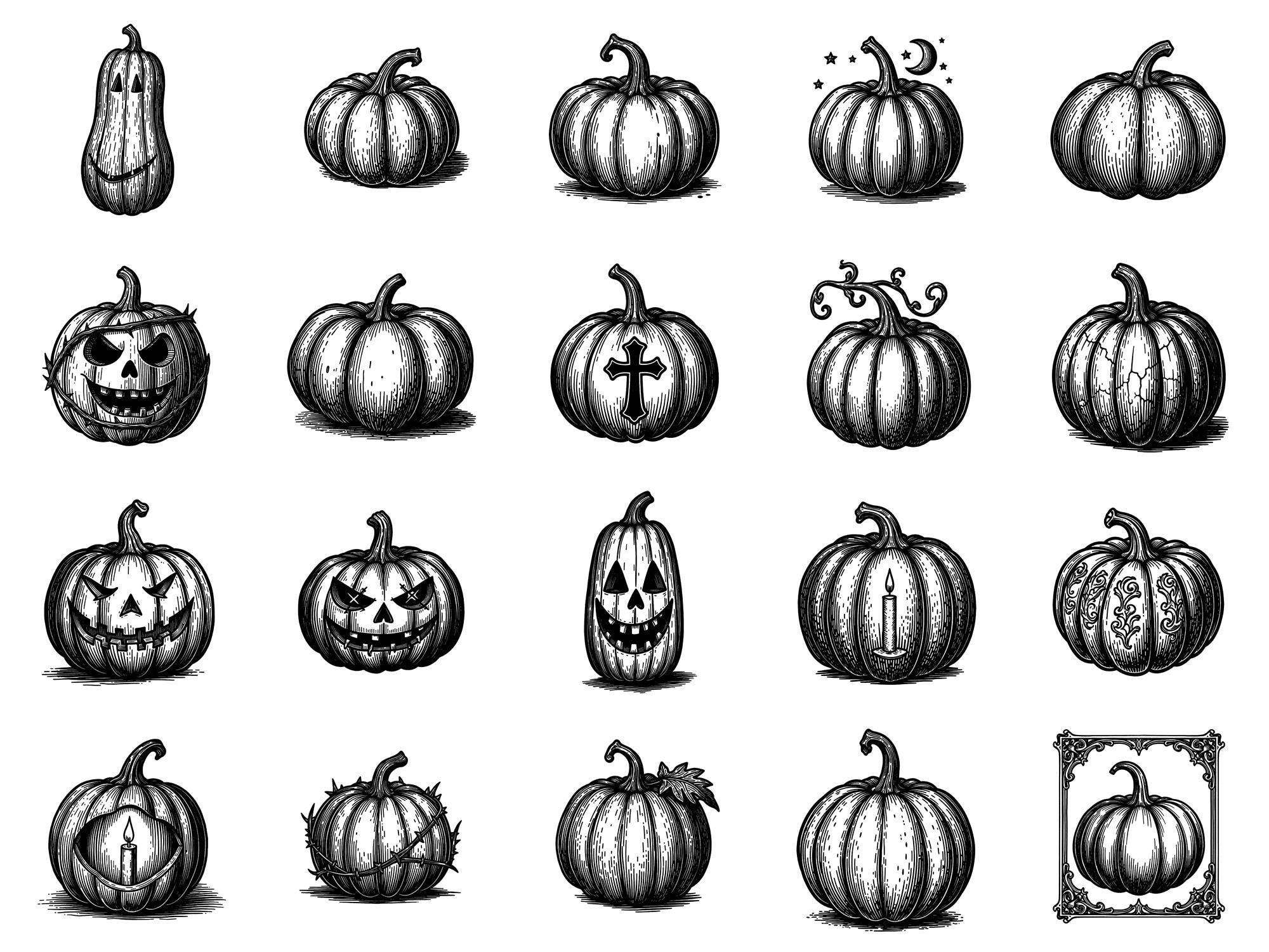Pumpkins Woodcut Photoshop Brushes & Procreate Stamps – 100+ Halloween ...