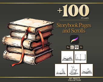 May include: A digital illustration of a stack of five books with a red ribbon bookmark, accompanied by text reading +100 STAMPS Storybook Pages and Scrolls, along with software icons and five smaller black and white line art book illustrations.