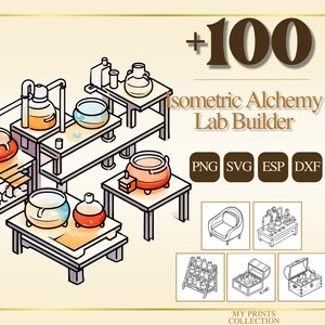 Pode incluir: Ilustração isométrica de um laboratório de alquimia com vários béqueres, potes e equipamentos em mesas de madeira. A imagem inclui o texto "+100 Isometric Alchemy Lab Builder" e ícones de tipo de arquivo.