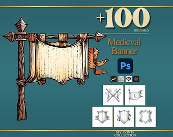 Banner Medieval Photoshop Brushes & Procreate Stamps – 100+ Woodcut Tattoo, Digital Art, Clipart, Line Art, Stencil