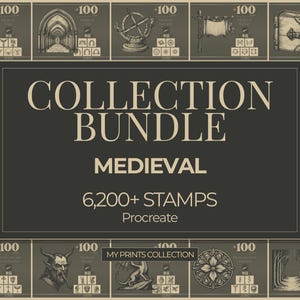 May include: A collection bundle of medieval-themed stamps for Procreate. The image features various illustrations, including an angel, a castle, a cathedral, a compass, a book, and a cross. The text reads "COLLECTION BUNDLE MEDIEVAL 6,200+ STAMPS Procreate".