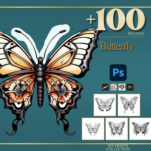 May include: Digital art print featuring a detailed butterfly design with orange, black, and white accents. The image includes the text "+100 BRUSHES Butterfly Ps" and several butterfly illustrations. The background is teal.