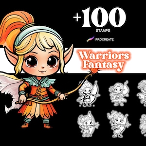 Más de 100 sellos de dibujos animados de fantasía de guerreros Procreate, juego de pinceles de anime, fantasía, Chibi, Kawaii, armadura para iPad, arte lineal, sobrenatural, descarga digital