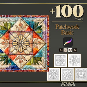 May include: A colorful patchwork design with a central floral motif and geometric patterns. The image includes the text "+100 STAMPS" and "Patchwork Basic". Additional small square images show different patchwork designs.