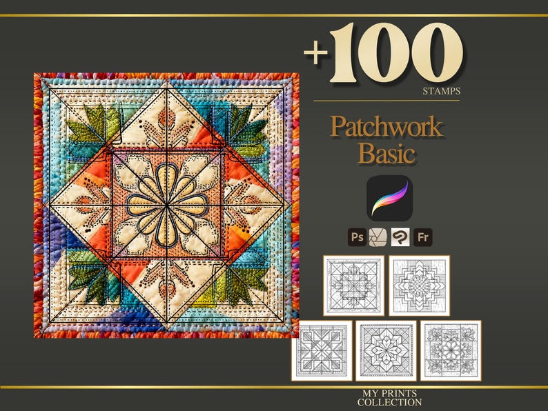 K&ouml;nnte beinhalten: Ein farbenfrohes Patchwork-Design mit einem zentralen Blumenmotiv und geometrischen Mustern. Das Bild enth&auml;lt den Text "+100 STAMPS" und "Patchwork Basic". Kleine quadratische Bilder zeigen verschiedene Patchwork-Designs.