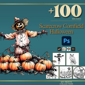 May include: Illustration of a scarecrow with a pumpkin head, wearing a straw hat and tattered clothes, standing in a field of pumpkins. The text reads "Scarecrow Cornfield Halloween" and "+100 Brushes".
