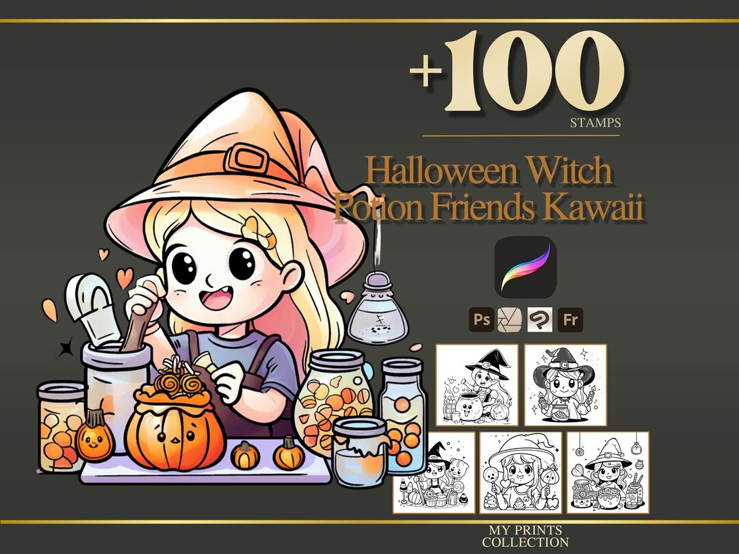 Witch Potion Friends Kawaii Halloween Procreate Stamps & Photoshop ...