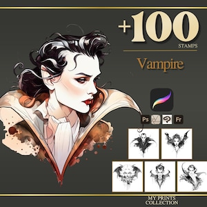 Vampire Halloween Procreate Stamps & Photoshop Brushes – 100+ Tattoo, Drawing, Digital Art, Clipart, Line Art, Brush Pack