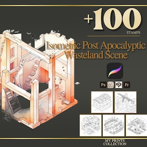 May include: Isometric Post Apocalyptic Wasteland Scene digital stamps. The image shows a detailed illustration of a ruined building with stairs and exposed walls. The image includes the text "+100 STAMPS" and icons for Procreate, Photoshop, and other software.