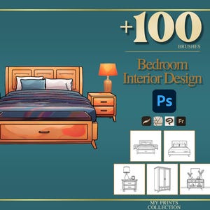 May include: A digital collection of over 100 brushes for bedroom interior design, featuring a central illustration of a wooden bed with two nightstands and a lamp. Includes Photoshop and other software icons, plus five line art furniture sketches.