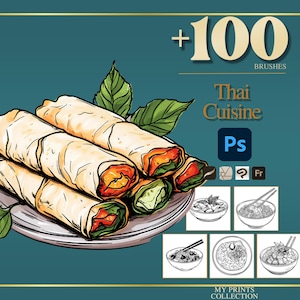 Könnte beinhalten: Illustration von thailändischen Frühlingsrollen auf einem weißen Teller mit grünen Blättern. Das Bild enthält den Text "+100 BRUSHES Thai Cuisine Ps". Der Hintergrund ist türkis mit goldenen Akzenten und Strichzeichnungen von thailändischen Gerichten.