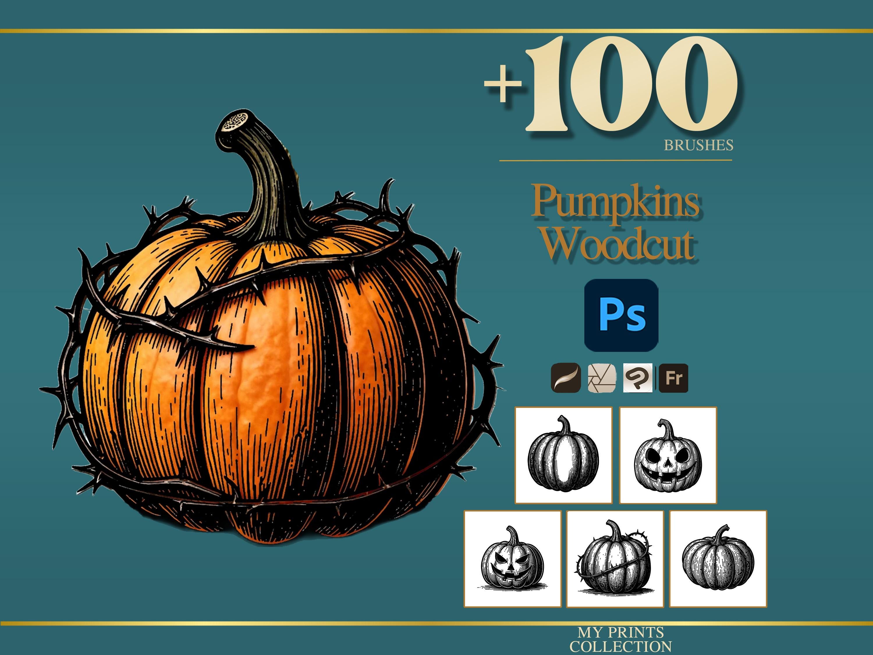 Pumpkins Woodcut Photoshop Brushes & Procreate Stamps – 100+ Halloween ...